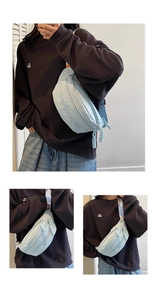 Détail du sac bandoulière en nylon bleu clair avec double fermeture éclair et cordon