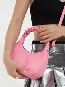 Pink crescent handbag with scrunchie handle for women, stylish crossbody design