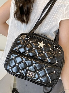 Y2K style black patent leather rhombic quilted shoulder bag with sparkling rhinestone stars