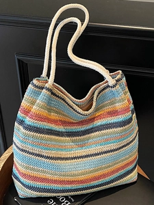 Cabas Tissé en Paille à Rayures Multicolores pour Femmes Grande Capacité avec Poignée en Corde de Coton Sac à Main de Plage Vacances