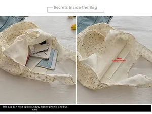 Detail view of lace tote bag interior capacity showing phone, cards, and daily essentials