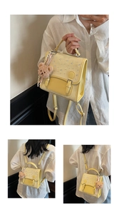 Detailed views of yellow patchwork backpack with rhinestone accents and plush bear charm