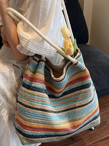 Grand sac cabas tissé à rayures colorées avec anses en corde pour femmes
