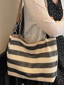 Contrast striped woven large capacity tote bag with metal chain shoulder strap for summer