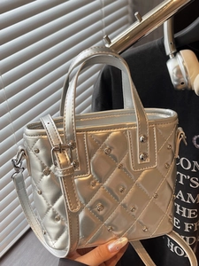 Fashion Rhinestone Quilted Diamond Lattice Bucket Bag For Women Urban Minimalist PU Leather Studded Shoulder Crossbody Handbag