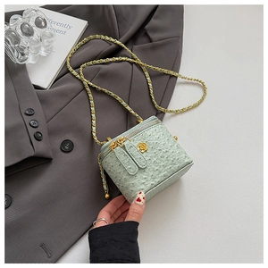 Detail of light green ostrich leather box bag with gold floral buckle and chain strap