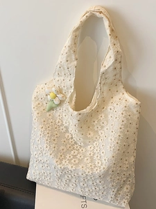 Women Lace Tote Bag Daisy Flower Embroidery Crochet Shoulder Bag Large Capacity Canvas Handbag Casual Sweet Daily Tote Bag