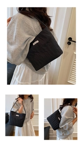 Collage of black quilted canvas tote bag showing shoulder carry and hand-held styles