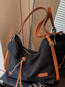 Women Large Capacity Nylon Shoulder Bag With Round Pouch Contrast Color Strap Simple Fashion Commuting Tote Bag Multi Use Handbag