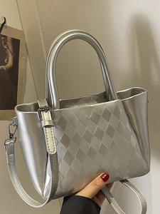 Women Quilted Lattice Shoulder Bag Faux Leather Handbag With Adjustable Strap Metallic Texture Crossbody Tote For Commute