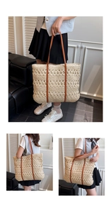 Detailed close-up showing the hollow floral weave and brown leather straps of straw tote bag
