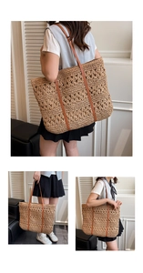 Detail of hand-woven straw tote bag with floral texture and dark leather handles