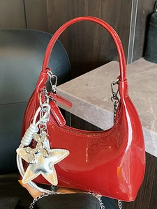Women's Glossy Patent Leather Shoulder Bag Minimalist Half Moon Hobo Bag With Chain Strap Star Balloon Dog Charms Underarm Bag