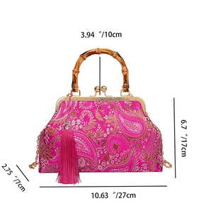 Spécifications de taille pour le sac coquille en jacquard rose avec poignée en bambou