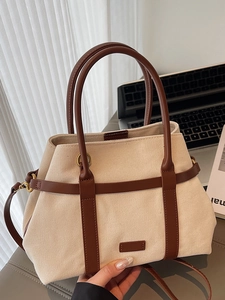 Sac Seau Vintage en Toile et Cuir Patchwork pour Femmes Grande Capacité Mode Déplacement Sac à Bandoulière Sac à Main Fourre-tout
