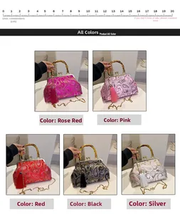 Dettaglio borsa ricamata cinese vintage con manici in bambù e nappe in cinque colori