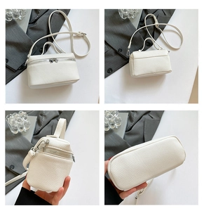 Detailed views of a white lychee grain mini box bag showing zipper and adjustable strap