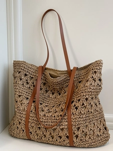 Women Woven Straw Hollow Floral Tote Bag Large Capacity Summer Beach Shoulder Bag Bohemian Crochet Handbag Travel Vacation Purse