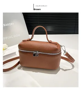 Detail view of brown square crossbody bag with litchi grain leather and silver metal hardware
