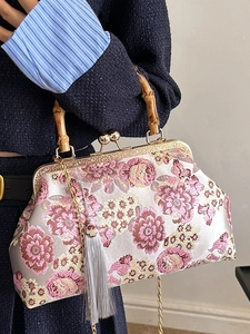 Vintage Chinese style pink floral embroidery handbag with bamboo handle and metal chain