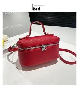 Detail of red pebbled leather mini square bag with silver hardware and dual zippers