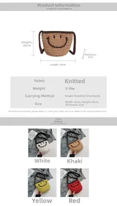 Detailed size guide and close-up of colorful smiley face straw woven bucket bags