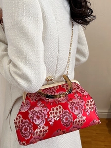 Red embroidered Chinese style silk bag with bamboo handle and golden chain strap