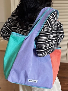 Fashionable tricolor patchwork nylon tote bag with large capacity for women