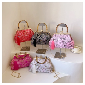 Detail of vintage Chinese pearl embroidery bags with bamboo handles and silk tassels