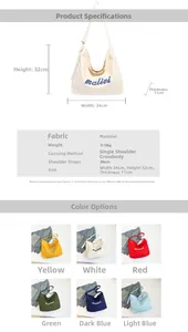 Detailed view of large canvas tote bag with dimensions and 6 color options shown