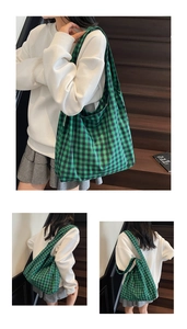 Three-angle view of a vintage green and black plaid tote bag on a retro wooden staircase