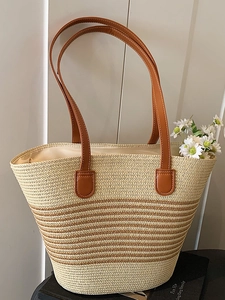 Französischer Stil Stroh Gewebt Tragetasche Für Damen Große Kapazität Gestreift Umhängetasche Minimalistisch Strand Urlaub Sommer Handtasche