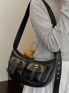 Vintage black soft leather multi-pocket tote bag with silver metal buckles and wide strap