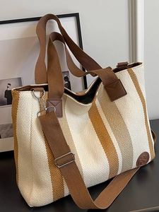 Women Casual Striped Canvas Tote Bag Large Capacity Contrast Color Shoulder Bag With Adjustable Strap Urban Simple Handbag