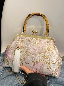 New Chinese Style Jacquard Satin Handbag With Bamboo Handle Vintage Paisley Embroidered Kiss Lock Purse Elegant Party Shoulder Bag With Tassel Metal Chain For Women