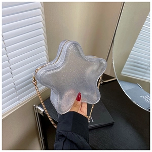 Detailansicht der sternförmigen transparenten PVC-Tasche mit Silberglitzer und Goldkette