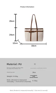 Detailed size specifications and material chart for the cream and brown tote bag
