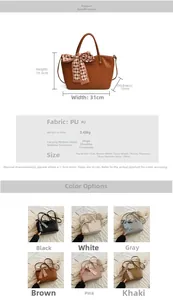 Size guide for PU leather tote bag showing dimensions and six color variants available
