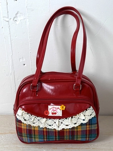 Sac à Épaule Femme PU Verni Rouge Patchwork Plaid Style Collège Dentelle Broderie Cerise Sac à Main Mode Y2K