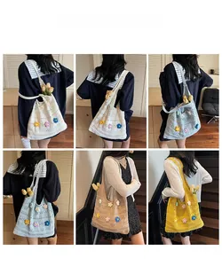 Collage of colorful crochet tote bags with 3D floral accents and large capacity