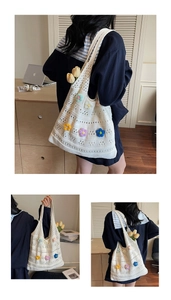 Detail of white crochet tote bag with colorful 3D knitted flowers and textured weave