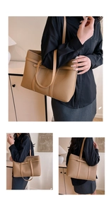 Detailed views of a camel leather tote bag featuring a textured lychee grain finish