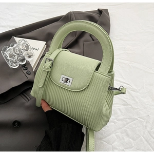 Detail of mint green bag with vertical pleats and elegant silver square metal lock