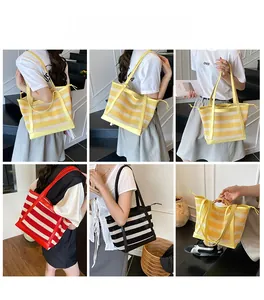 Detail view showing yellow, red, and black striped mesh tote bags for daily use