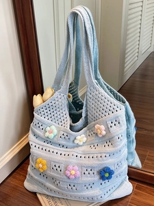 Knitted Hollow Crochet Tote Bag With 3D Flower Embellishment Large Capacity Beach Shoulder Bag For Women Retro Casual Bag