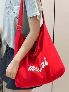 2025 trendy large red canvas tote bag with white letter embroidery for women and students