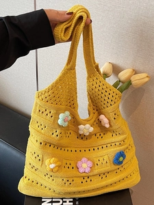 Hollow out knit beach tote bag with colorful 3D crochet flowers for spring and summer