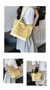 Three-way view of a yellow striped mesh tote bag for summer beach or commute use