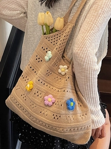 Chic hollow out knit beach tote bag with handmade colorful floral crochet details