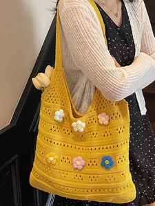 Yellow hollow knit beach tote bag with handmade colorful crochet 3D flowers
